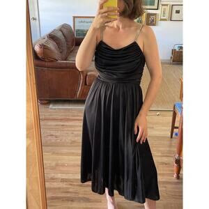 Vintage Black Cocktail Midi Dress Rhinestone Straps